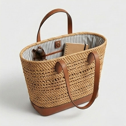 Hand-Woven Straw Tote with Leather Trim