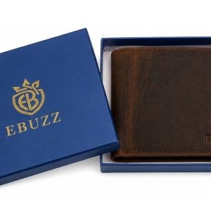 EBUZZ vintage brown leather wallet presented in royal blue gift box with gold foil branding